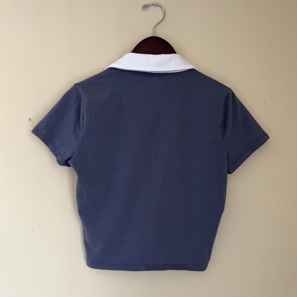 HOLLISTER Collared Buttonless Polo Cropped V Neck Academia Tee, Gray- M - Picture 5 of 5